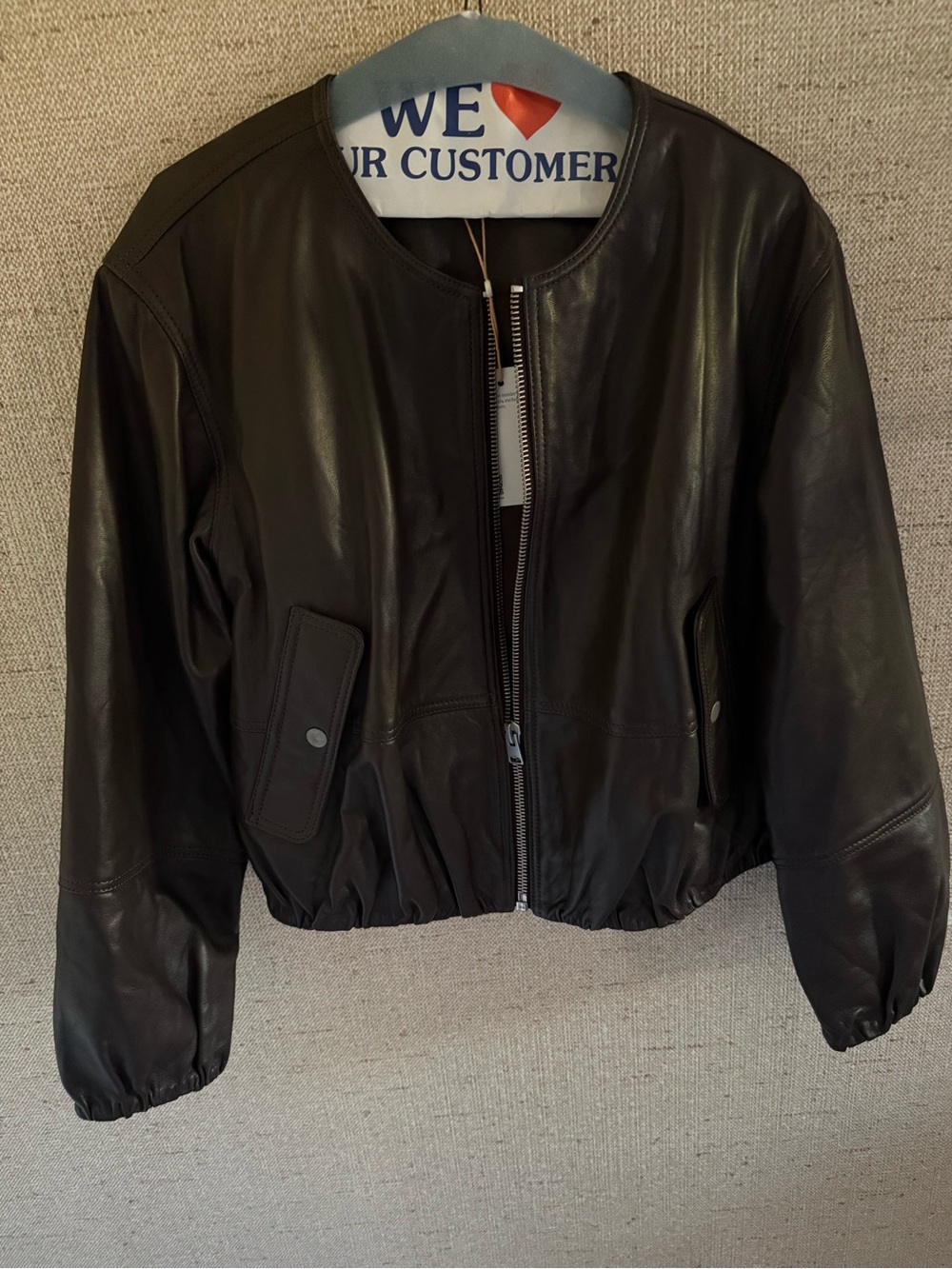 Quince Collarless Cropped Brown Leather Bomber Jacket - Picture 2 of 5